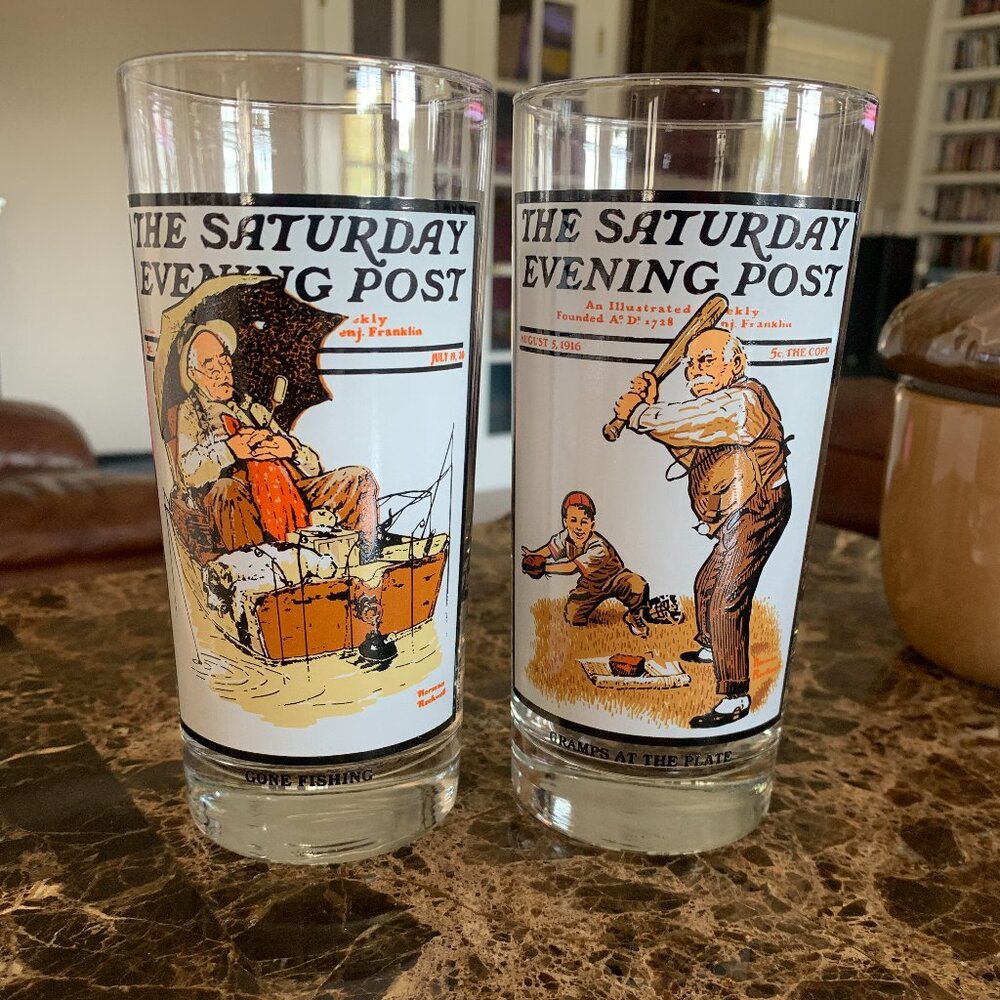 GLASSES - 2  Arby's 1987 Norman Rockwell Saturday Evening Post Fishing & Gramps